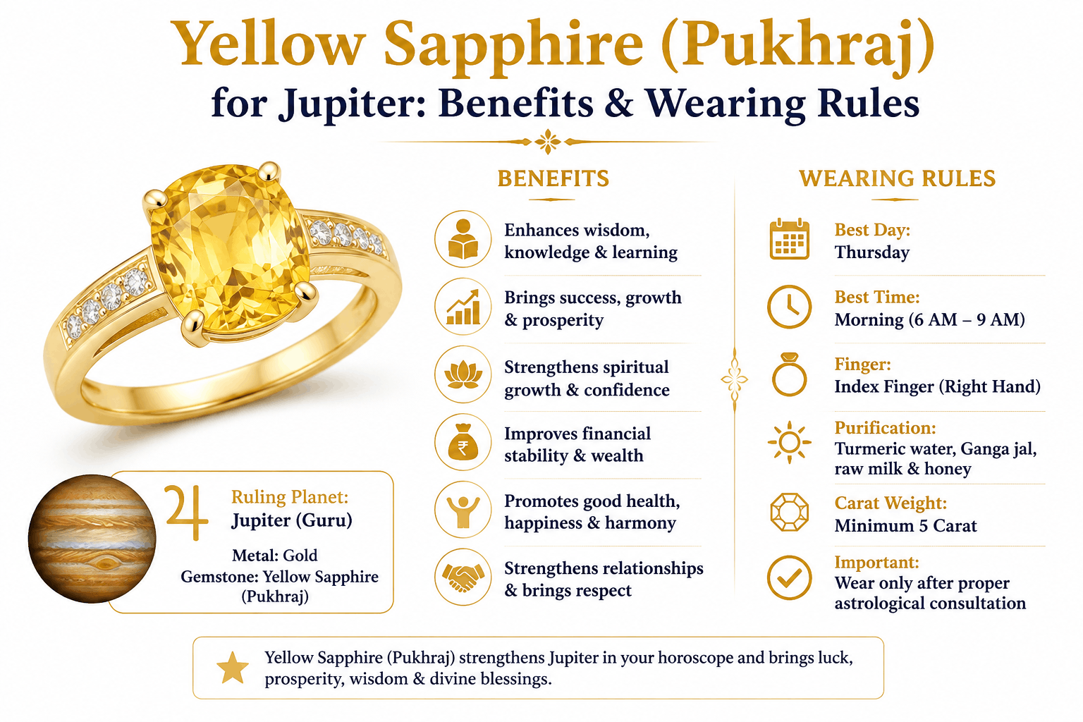 Yellow Sapphire (Pukhraj) for Jupiter: Benefits, Wearing Rules & Astrological Significance