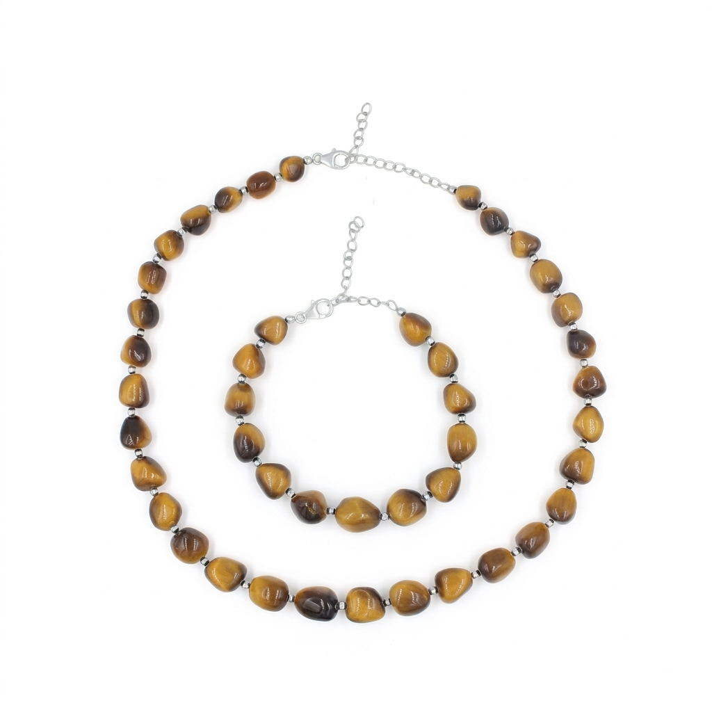 Natural Tiger Eye Tumbled Beaded Necklace & Bracelet Set
