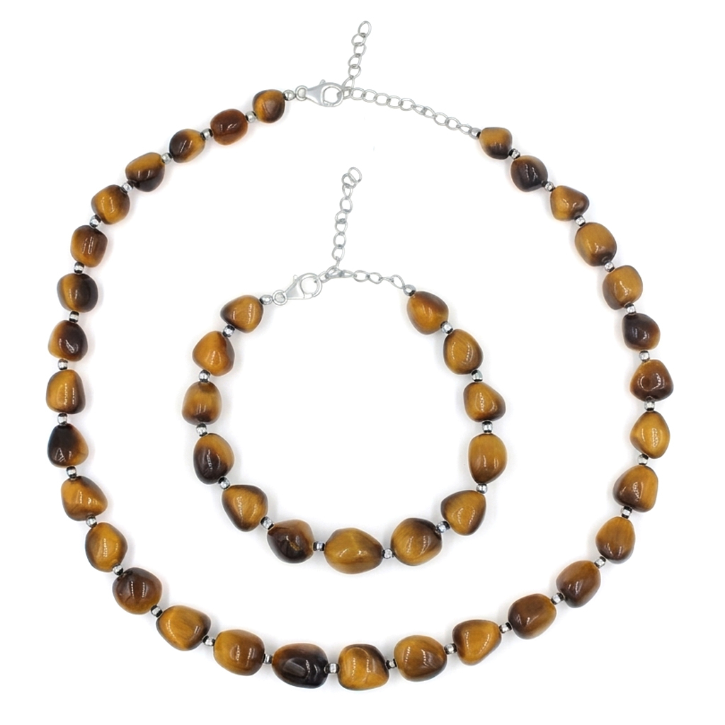 Natural Tiger Eye Tumbled Beaded Necklace & Bracelet Set