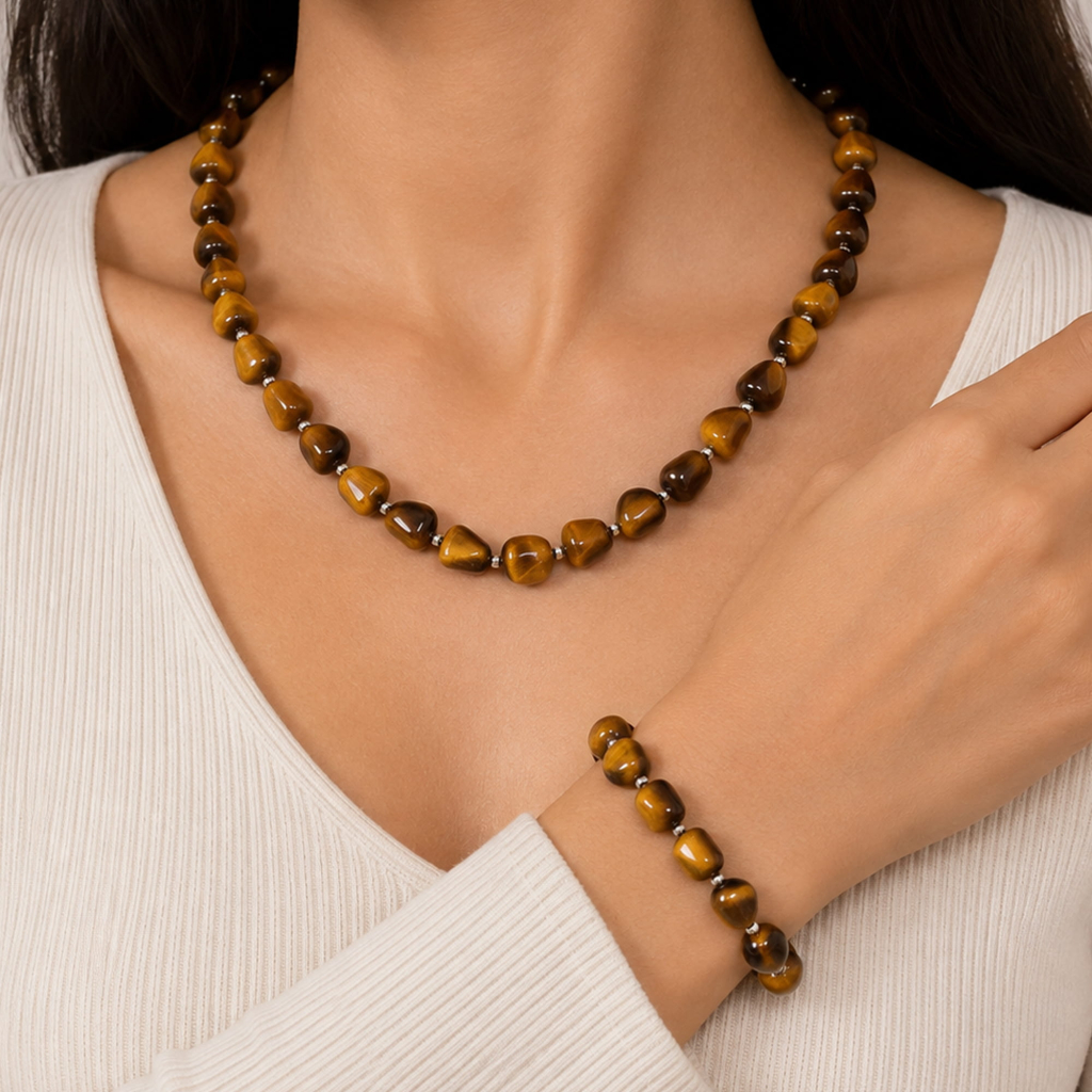 Tiger Eye Tumbled Beaded Necklace & Bracelet Set