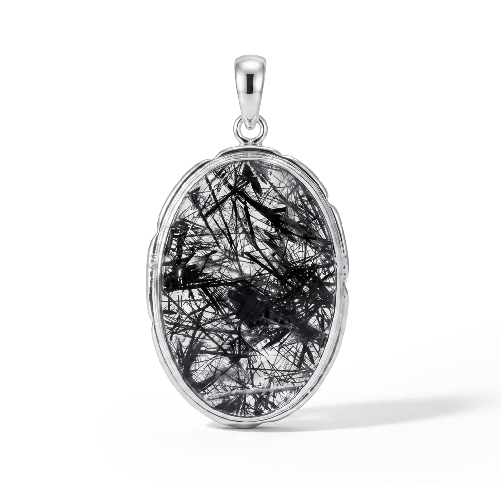 Black Rutilated Quartz Protective Energy Sterling Silver Pendant