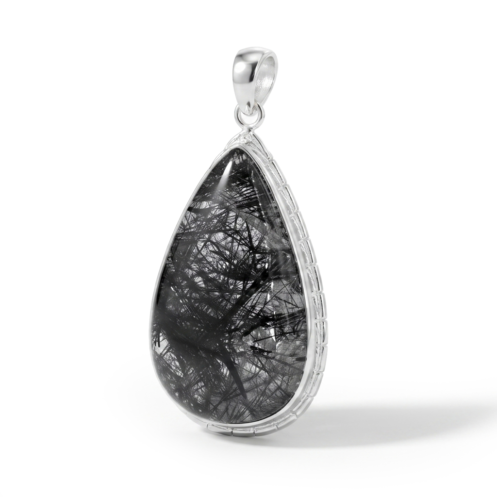Black Rutilated Quartz Protective Energy Sterling Silver Pendant