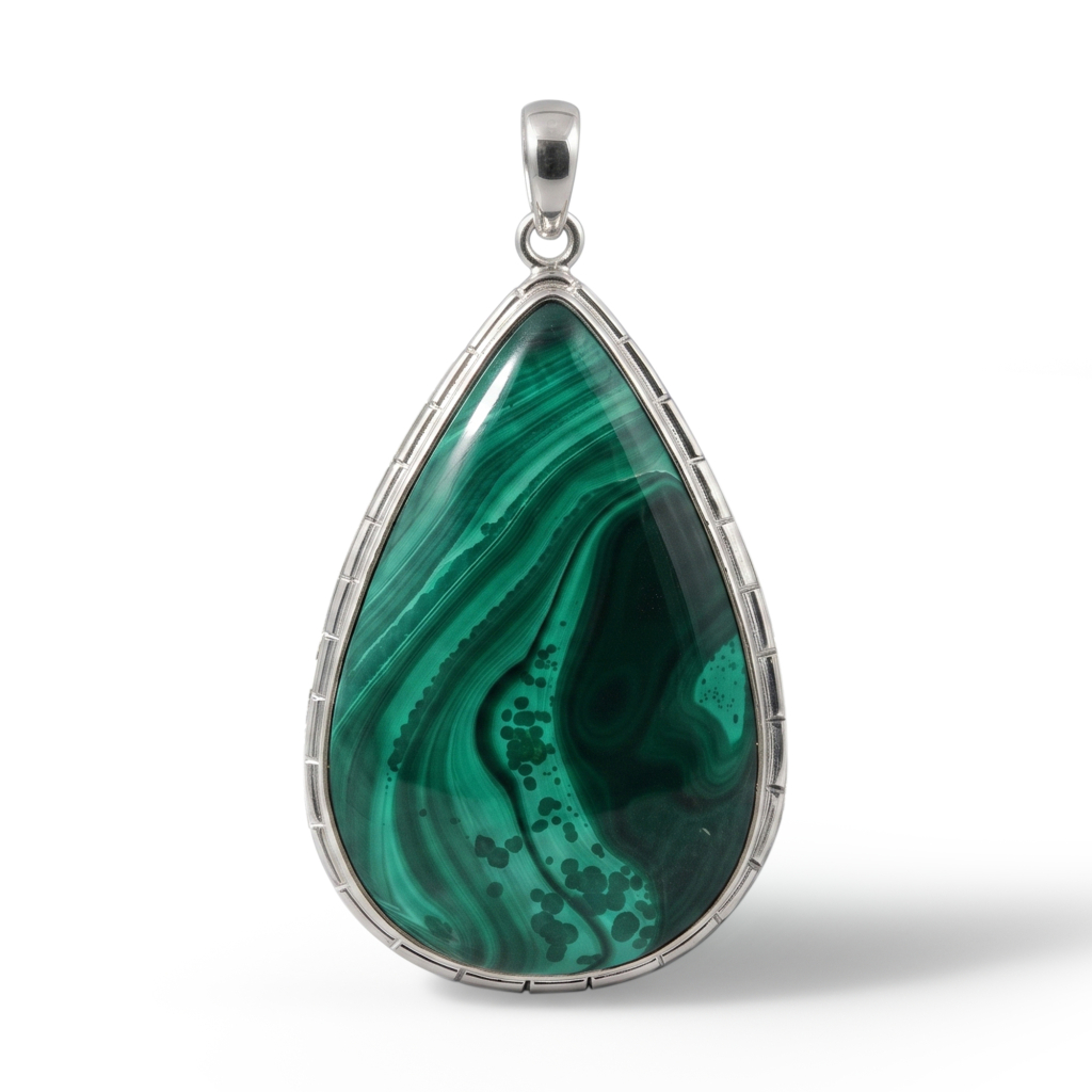 Natural Malachite Kidney Gemstone Silver Pendant