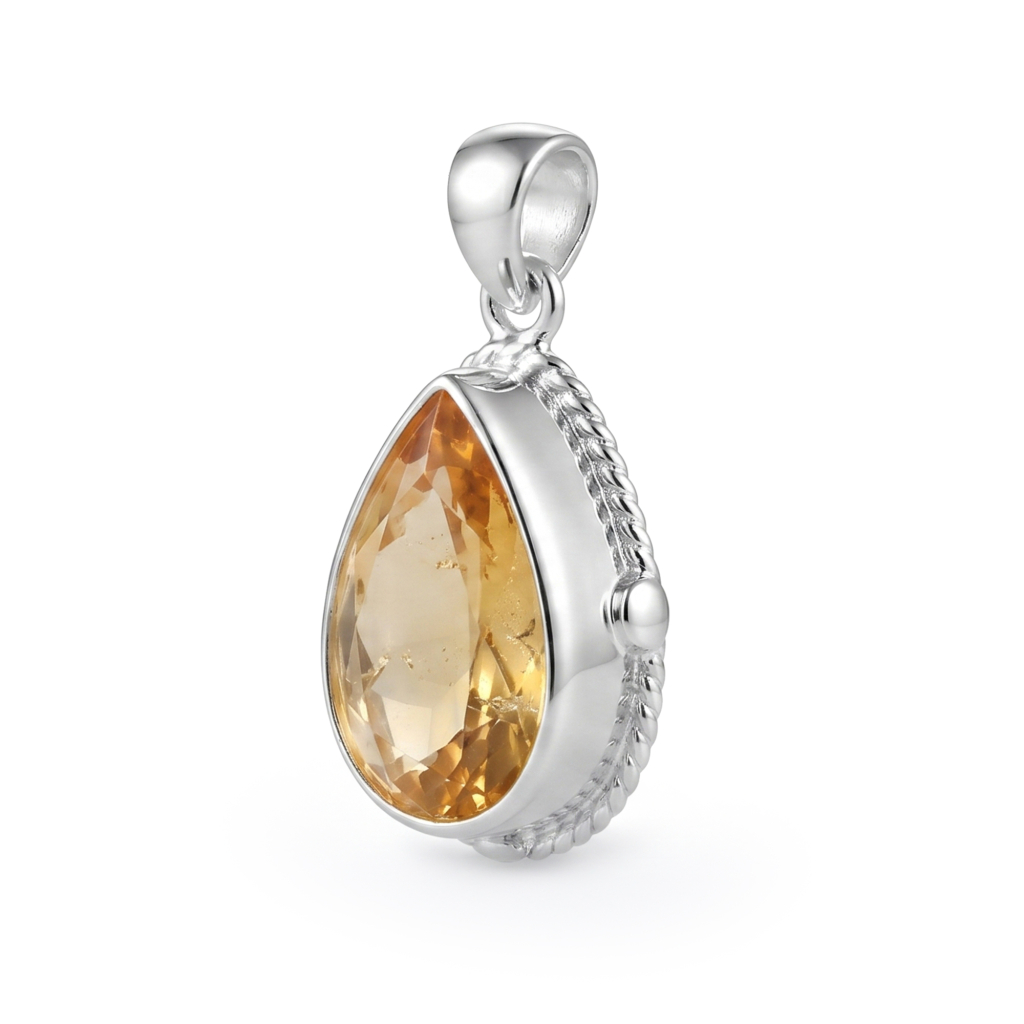 Yellow Citrine Pear Cut Energy Sterling Silver Pendant