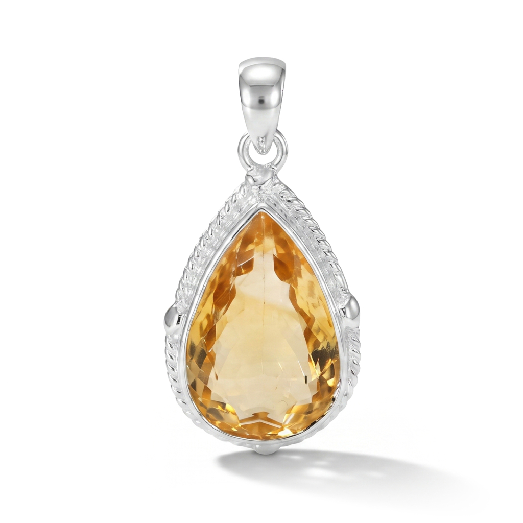 Yellow Citrine Pear Cut Energy Sterling Silver Pendant